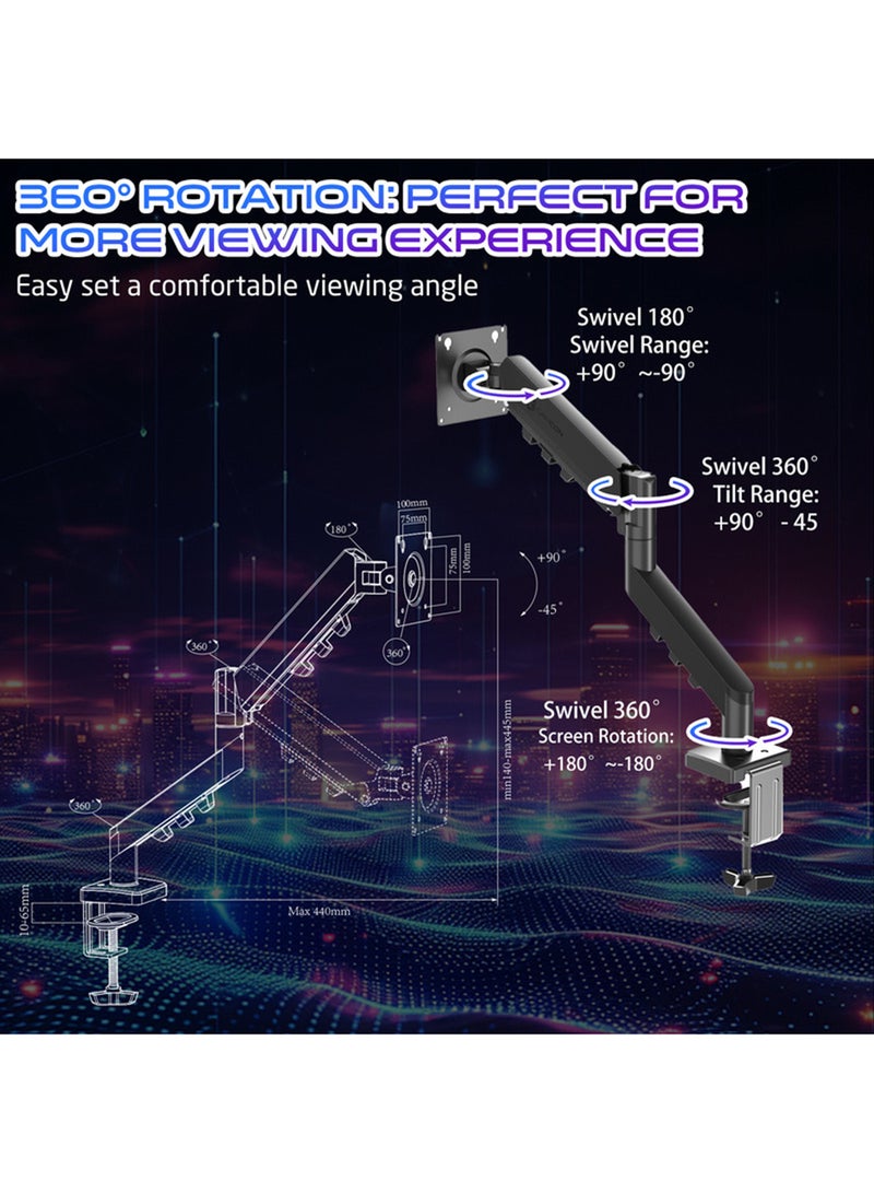 GAMEON GO-5500 Gas Spring Monitor Arm Single Arm for 17” to 32” Monitors, Supports Up to 9kg, Full Motion Tilt Swivel Rotation, VESA 75x75 100x100, Clamp or Grommet Base, Cable Management Black - Image 3