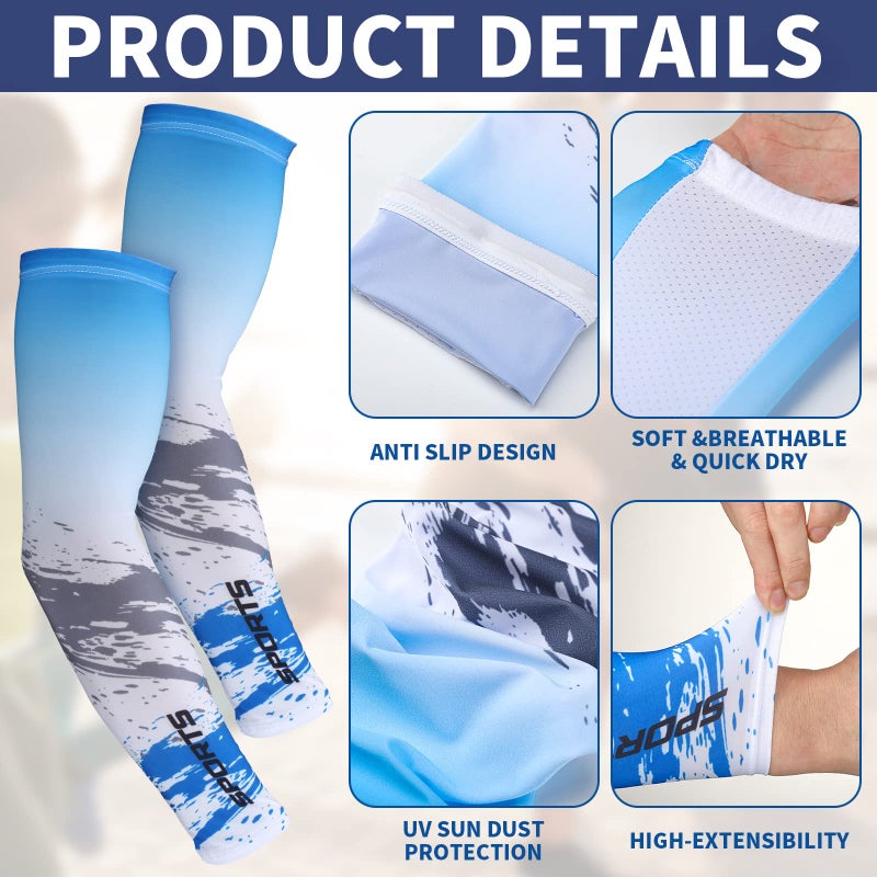 Newcotte 4 Pairs UV Sun Protection Arm Sleeves Cooling Sports Sleeve Anti Slip Ice Silk Warmers Arm Covers for Men Women (Blue, Black,Large) - Image 5