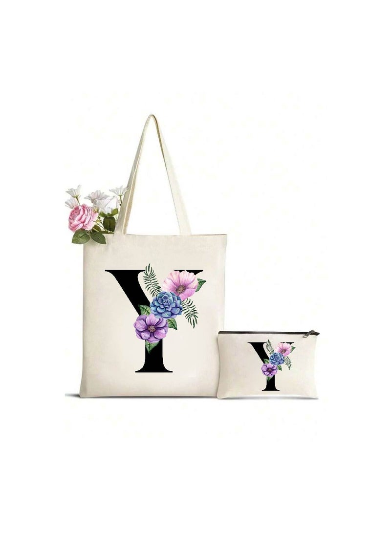 PRINTSHOP4ME Initial Monogrammed Canvas Tote Bag And Matching Makeup Bag Set-Thoughtful Gifts For Women,Teachers,College Students,Bridesmaids,Reusable Grocery Bags,Wedding,Holiday And Travel  - Image 1