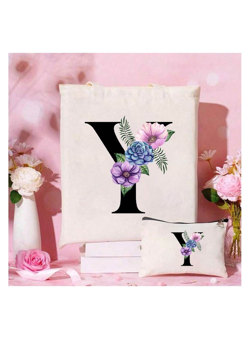PRINTSHOP4ME Initial Monogrammed Canvas Tote Bag And Matching Makeup Bag Set-Thoughtful Gifts For Women,Teachers,College Students,Bridesmaids,Reusable Grocery Bags,Wedding,Holiday And Travel  - Image 2