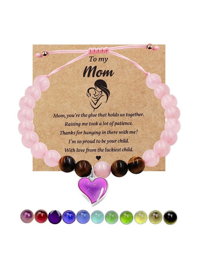 Uloveido - Natural Pink Crystal Stone Healing Mood Bracelet handmade for women, Birthday Gift to My Mom from Daughter with Message Card, Color Changing Heart Charm Rope Bracelet Y3700 - Image 1