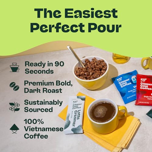 Copper Cow Coffee Copper Cow Premium Vietnamese Coffee Variety Pack (15 Coffees & 15 Creamers)| Classic Black, Vanilla, & Salted Caramel Latte | Pour Over Single-Serve Lattes, No Refrigeration Needed, Travel Friendly - Image 5