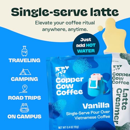 Copper Cow Coffee Copper Cow Premium Vietnamese Coffee Variety Pack (15 Coffees & 15 Creamers)| Classic Black, Vanilla, & Salted Caramel Latte | Pour Over Single-Serve Lattes, No Refrigeration Needed, Travel Friendly - Image 3