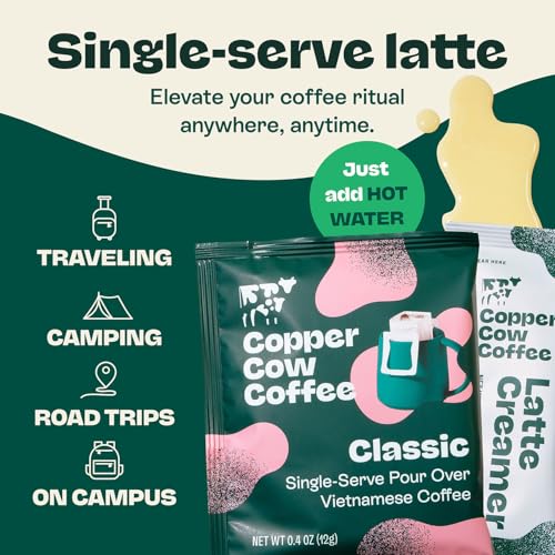 Copper Cow Coffee Copper Cow Premium Vietnamese Coffee Variety Pack (15 Coffees & 15 Creamers)| Classic Black, Vanilla, & Salted Caramel Latte | Pour Over Single-Serve Lattes, No Refrigeration Needed, Travel Friendly - Image 4