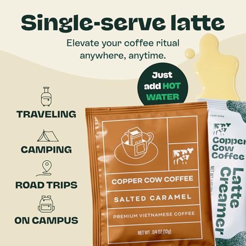 Copper Cow Coffee Copper Cow Premium Vietnamese Coffee Variety Pack (15 Coffees & 15 Creamers)| Classic Black, Vanilla, & Salted Caramel Latte | Pour Over Single-Serve Lattes, No Refrigeration Needed, Travel Friendly - Image 2