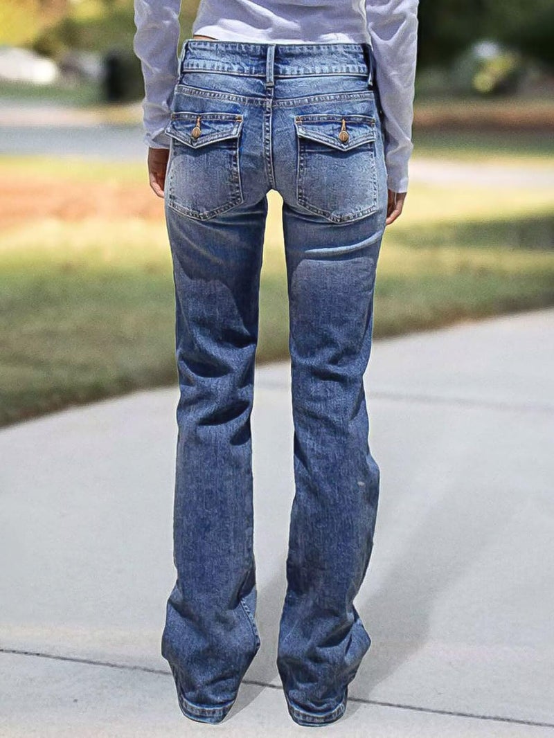 Flamingals Wide Leg Jeans for Women Low Rise Baggy Stretchy Straight Leg Bootcut Denim Pants Blue L - Image 4