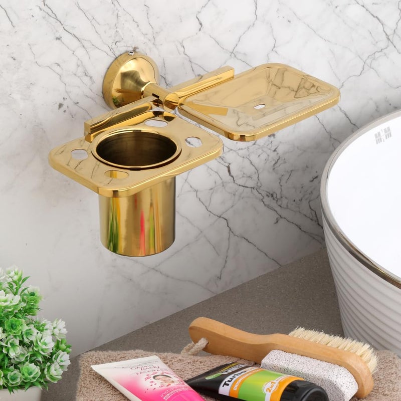 LAPO Stainless Steel 304 Grade Tumbler Holder for Bathroom/Soap with Tumbler Holder Wall Mounted/Tooth Brush Holder Bathroom Accessories(PVD Gold Finish) Pack of 1 - Image 1