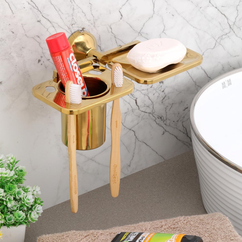 LAPO Stainless Steel 304 Grade Tumbler Holder for Bathroom/Soap with Tumbler Holder Wall Mounted/Tooth Brush Holder Bathroom Accessories(PVD Gold Finish) Pack of 1 - Image 2