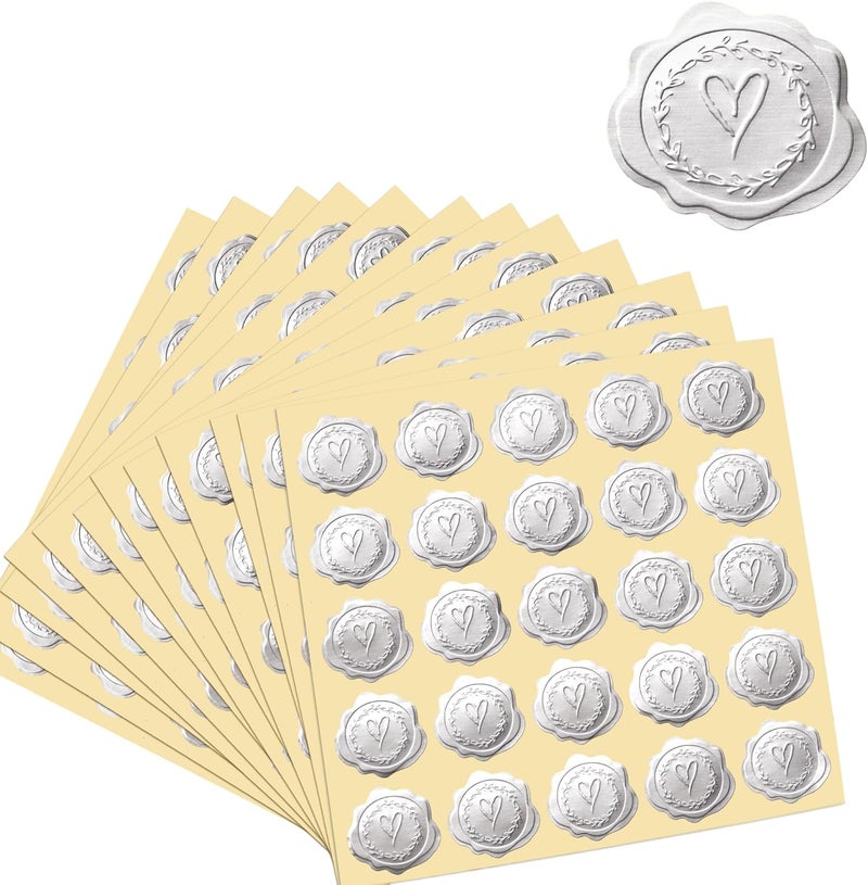 DreamBuilt 300pcs Silver Embossed Wax Seal Looking Heart Envelope Seals for Wedding Invitations/Greeting Cards/Party Favors, Self-Adhesive - Image 1