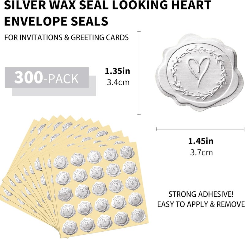 DreamBuilt 300pcs Silver Embossed Wax Seal Looking Heart Envelope Seals for Wedding Invitations/Greeting Cards/Party Favors, Self-Adhesive - Image 2