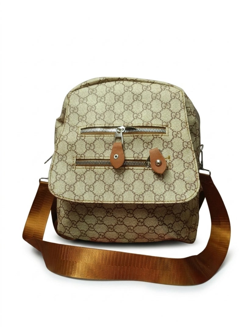 Women's Monogram Backpack,Multi Pockets and Silver Zippers (Camel) - Image 1