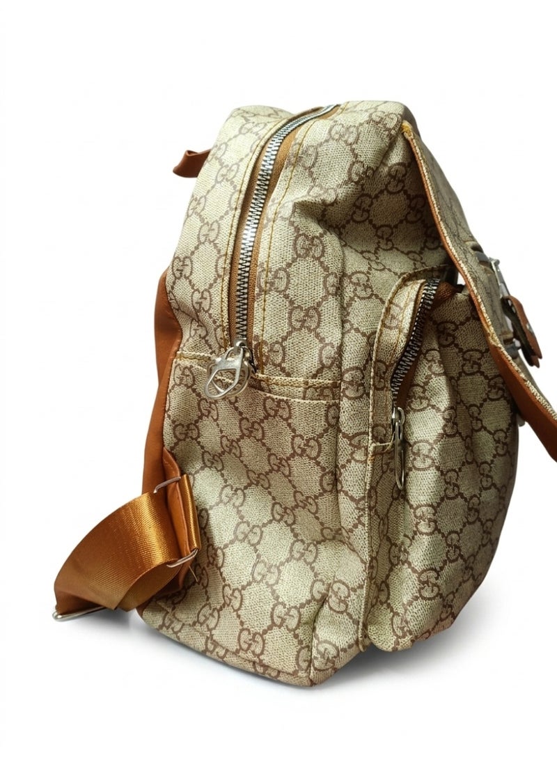 Women's Monogram Backpack,Multi Pockets and Silver Zippers (Camel) - Image 2