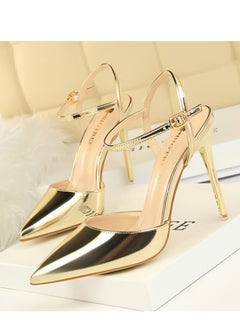 BIGTREE 10.5cm Thin Heels Ultra High Heels Shallow Mouth Sharp Toe Lacquer Leather Slim Slim One Line Women's High Heels Gold  - Image 1