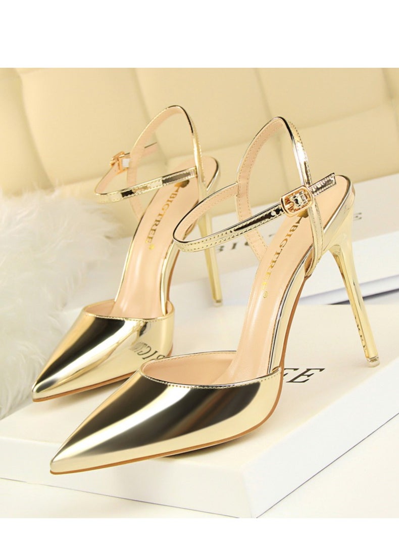 BIGTREE 10.5cm Thin Heels Ultra High Heels Shallow Mouth Sharp Toe Lacquer Leather Slim Slim One Line Women's High Heels Gold  - Image 1