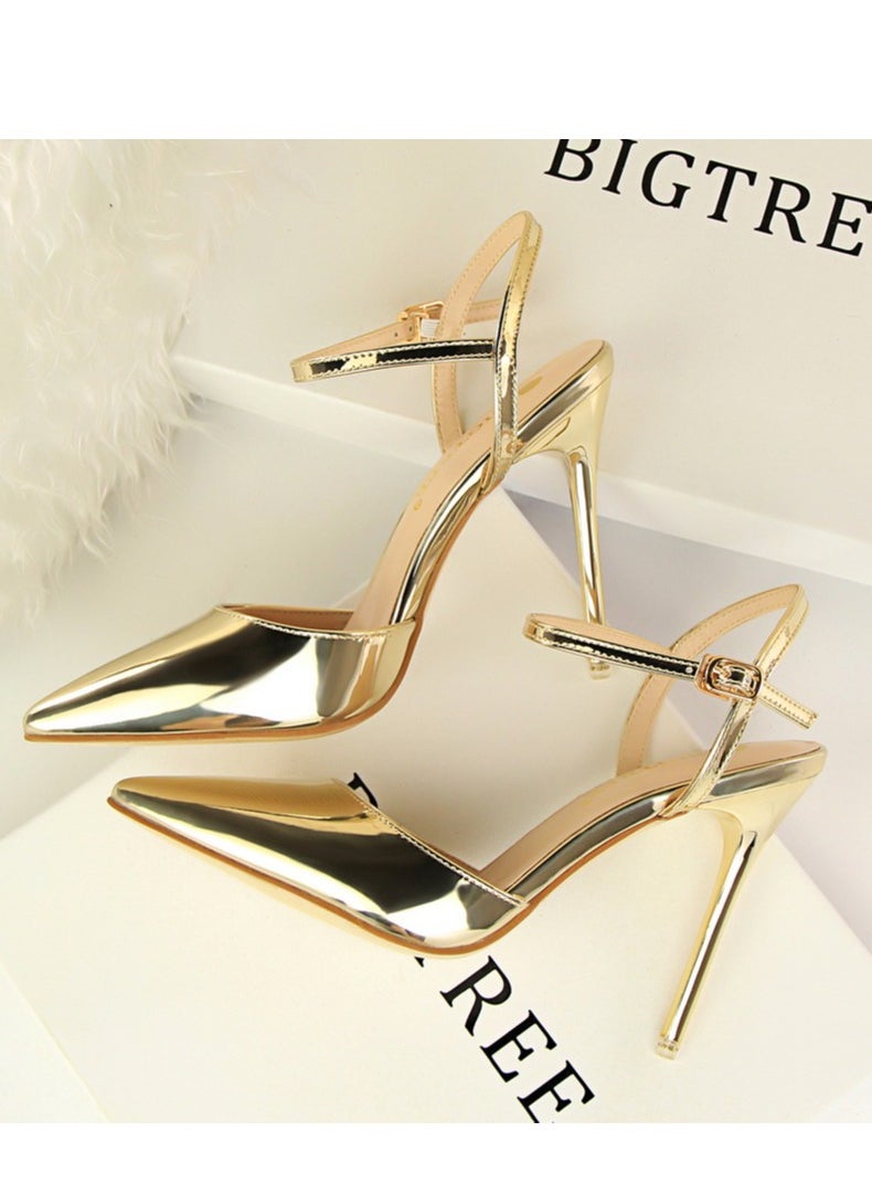 BIGTREE 10.5cm Thin Heels Ultra High Heels Shallow Mouth Sharp Toe Lacquer Leather Slim Slim One Line Women's High Heels Gold  - Image 2