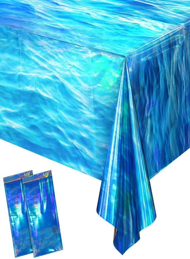Hallswl 2 Pcs Iridescent Ocean Waves Tablecloths Disposable Plastic Ocean Blue Table Cloth Rectangle Table Covers for Under the Sea Beach Surf Ocean Pool Party Birthday Party Decorations, 54 x 108 Inch - Image 1