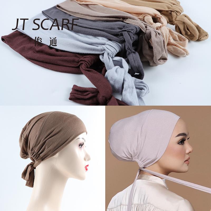 Factory Modal Cotton Elastic Elastic Lace-Up Ethnic Headscarf Base Cap Solid Color Adjustable Small Cap Tube Cap - Image 2