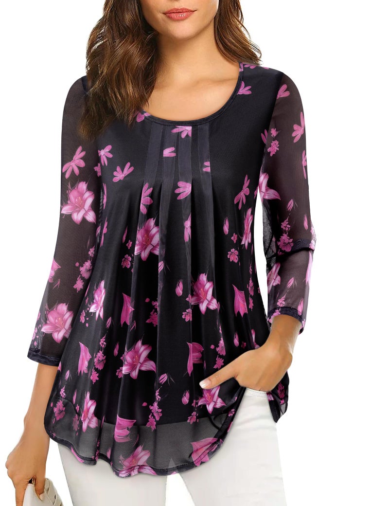 VALOLIA Tops For Women Trendy: Plus Size 3/4 Sleeve Floral Flowy Soft - Flattering Blouses for Women Breathable - Spring Summer Dressy Shirts for Office Work Black Pink XL - Image 1
