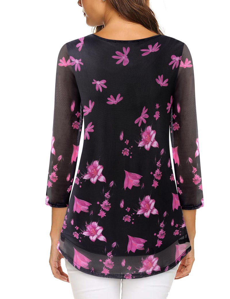 VALOLIA Tops For Women Trendy: Plus Size 3/4 Sleeve Floral Flowy Soft - Flattering Blouses for Women Breathable - Spring Summer Dressy Shirts for Office Work Black Pink XL - Image 2