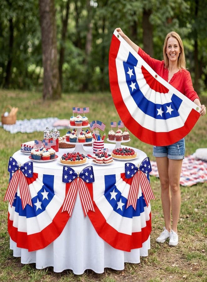 Tingjoo 2pcs 70'' 4th of July Table Skirt Blue 250th Anniversary Red White Table Decorations with Patriotic Bows Pleated Bunting Fan Flag Tablecover for Independence Day Themed Memorial Party Supplies - Image 1