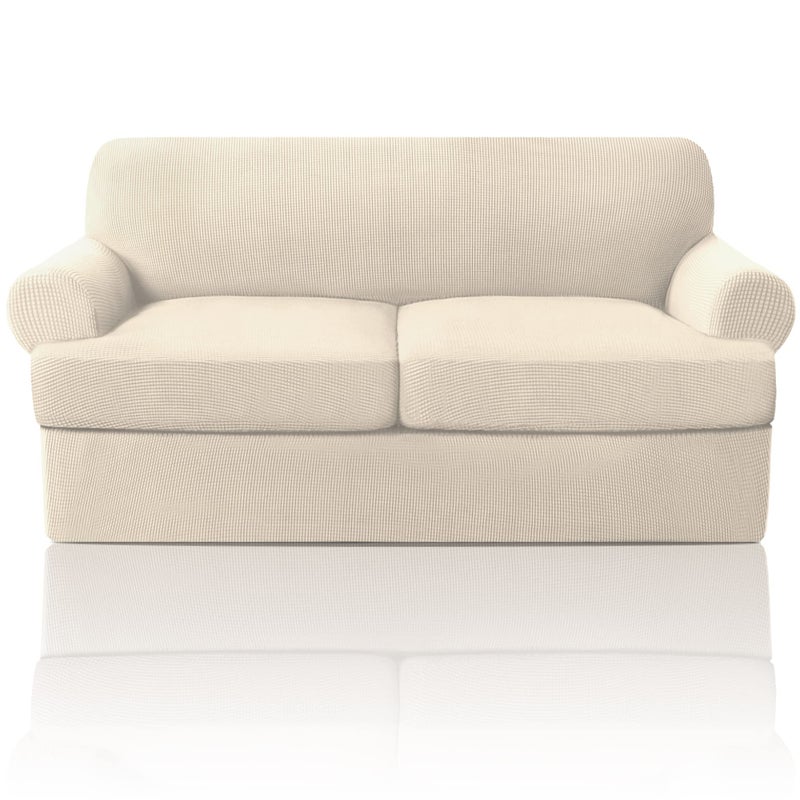 PrinceDeco T Cushion Loveseat Slipcover 3 Pieces Sofa Covers for T Cushion Sofa Stretch Slip Covers for 2 Cushion Couch with 2 Individual T Shape Seat Covers Width Up to 72 Washable Natural