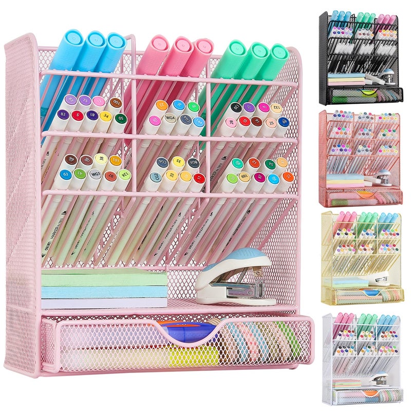 Spacrea Pen Holder Desk Organizer Desk Organizers and Accessories Pencil Holder with 10 Compartments and 1 DrawerPink