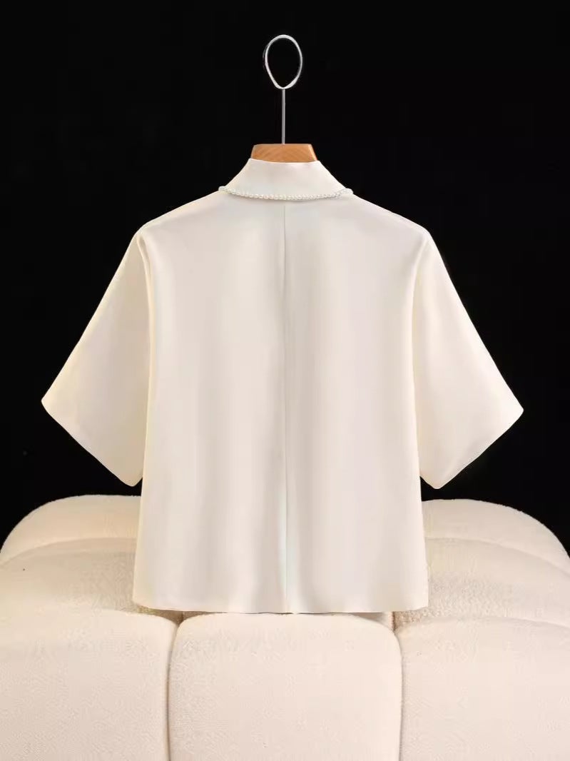 New Chinese Style National Style Slant Placket Crossover Collar Embroidered Aircraft Sleeve Short-Sleeved Modified Hanfu Shirt Lace-Up National Fashion Shirt Top - Image 3