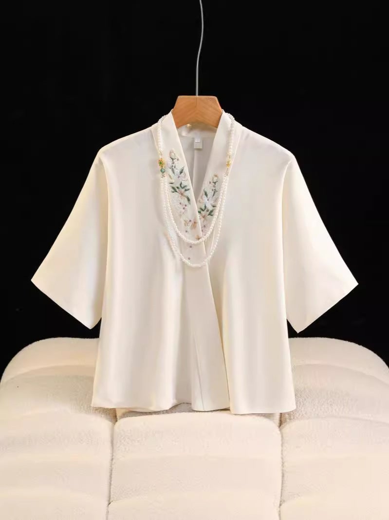 New Chinese Style National Style Slant Placket Crossover Collar Embroidered Aircraft Sleeve Short-Sleeved Modified Hanfu Shirt Lace-Up National Fashion Shirt Top - Image 2