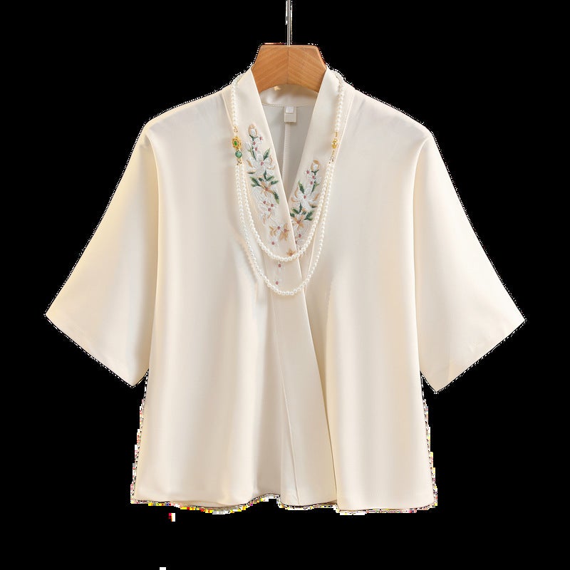 New Chinese Style National Style Slant Placket Crossover Collar Embroidered Aircraft Sleeve Short-Sleeved Modified Hanfu Shirt Lace-Up National Fashion Shirt Top - Image 1