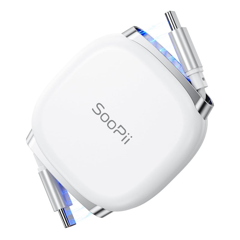 سوبي كابل USB C إلى USB C، كابل شحن سريع USB C قابل للسحب بقدرة 240 واط مع تخزين مغناطيسي، كابل من النوع C بطول قابل للتحديد بـ 5 مراحل لهاتف iPhone 16/15 Pro Max وGalaxy S25/24 (أبيض بطول 3.3 قدم) - Image 1