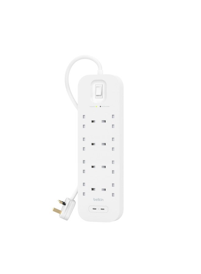 belkin واقي من التيار الزائد بـ 8 منافذ مع منفذي USB-C مزدوجين بقوة 30 وات | طول الكابل 2 متر، حماية 900 جول، شحن سريع بتقنية PD، سلك عالي التحمل، مع مفتاح ومؤشر LED - 3 دبابيس في المملكة المتحدة - Image 1