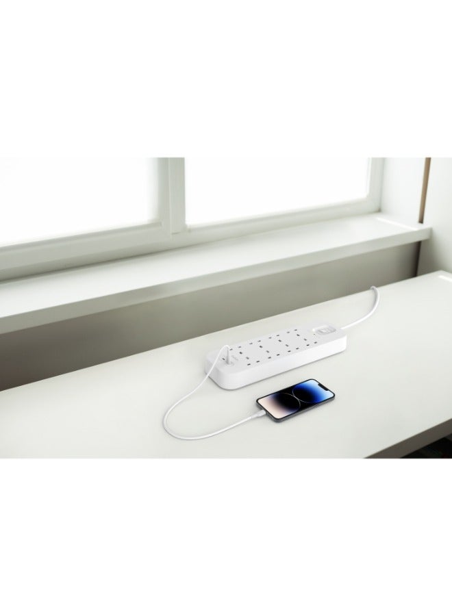 belkin واقي من التيار الزائد بـ 8 منافذ مع منفذي USB-C مزدوجين بقوة 30 وات | طول الكابل 2 متر، حماية 900 جول، شحن سريع بتقنية PD، سلك عالي التحمل، مع مفتاح ومؤشر LED - 3 دبابيس في المملكة المتحدة - Image 3