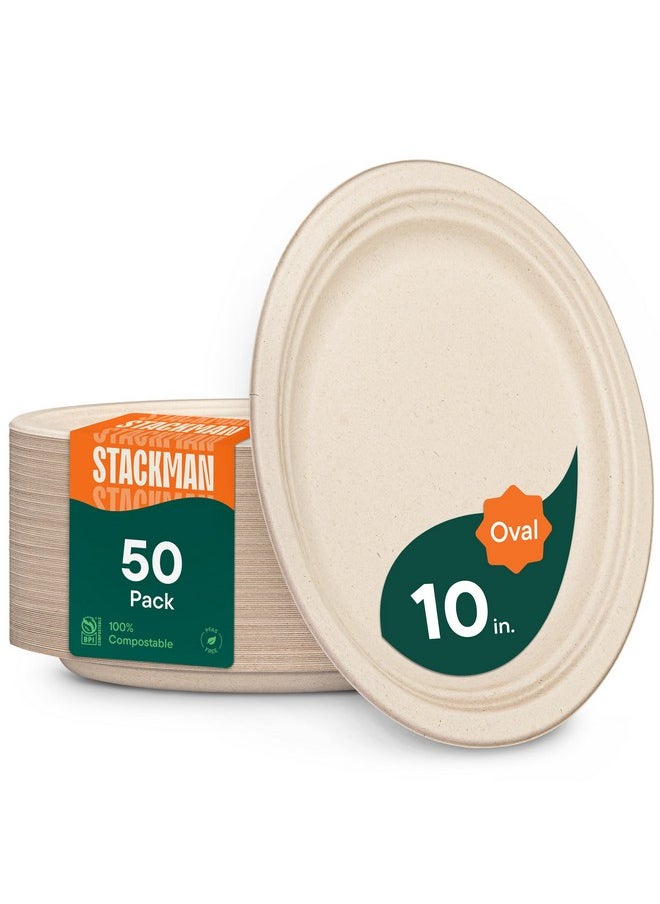 Stack Man 100% Compostable Oval Paper Plates [50-Pack] - {PFAS-Free} - {BPI Certified} - [10 Inch] Heavy Duty, Eco-Friendly, Biodegradable Bagasse Dinner Platters - Natural Brown 10" Oval Plates by Stack Man  - Image 1