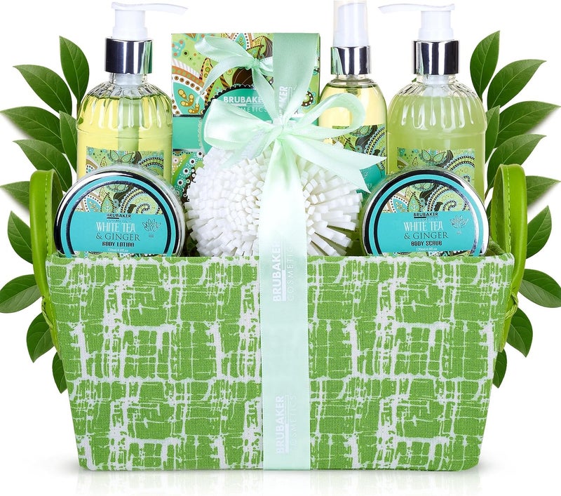 BRUBAKER Cosmetics White Tea Ginger 8Pieces Bath Gift Set in Trug Crate