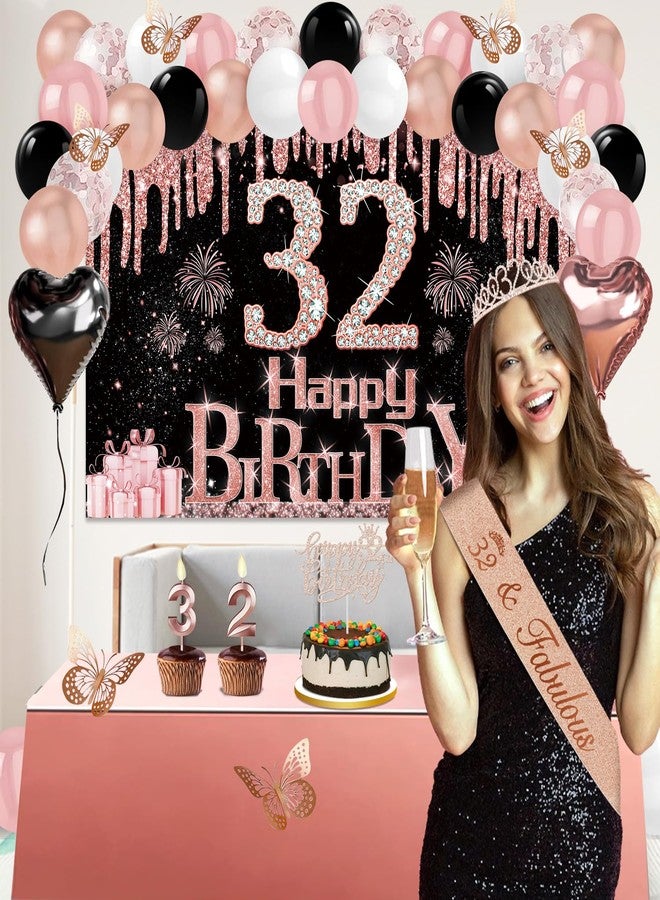 Juesly 32nd Birthday Decorations for Women, 49pcs Black Rose Gold Black Happy 32nd Birthday Banner, Tablecloth, Butterfly Decor, Sash and Tiara, Cake Topper, Candles, Balloons Arch - Image 2