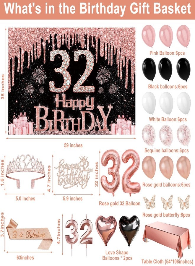 Juesly 32nd Birthday Decorations for Women, 49pcs Black Rose Gold Black Happy 32nd Birthday Banner, Tablecloth, Butterfly Decor, Sash and Tiara, Cake Topper, Candles, Balloons Arch - Image 3