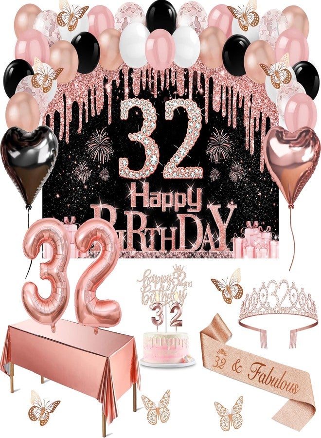 Juesly 32nd Birthday Decorations for Women, 49pcs Black Rose Gold Black Happy 32nd Birthday Banner, Tablecloth, Butterfly Decor, Sash and Tiara, Cake Topper, Candles, Balloons Arch - Image 1