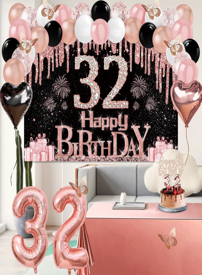 Juesly 32nd Birthday Decorations for Women, 49pcs Black Rose Gold Black Happy 32nd Birthday Banner, Tablecloth, Butterfly Decor, Sash and Tiara, Cake Topper, Candles, Balloons Arch - Image 5