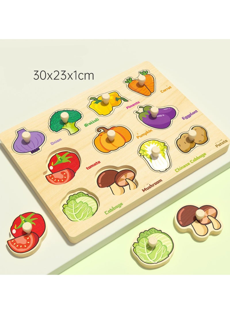 لوحة أحجية الصور المقطوعة بمقبض خشبي على شكل خضروات بطول 30 سم للأطفال من عمر 1 إلى 3 سنوات مع مقبض، لعبة أحجية الصور المقطوعة التعليمية على طريقة مونتيسوري لتنمية المهارات الحركية الدقيقة للأطفال، - Image 2