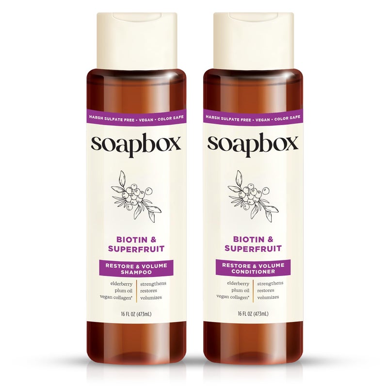 Soapbox Biotin & Superfruit Shampoo & Conditioner Set with Vegan Collagen, Aloe and Shea Butter, Pack of 2 Sulfate Free, Paraben & Silicone Free, Color Safe and Vegan Hair Products, 16 Ounces Each