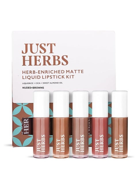 Just Herbs Ayurvedic Liquid Lipstick Matte Finish Kit Set of 5 with Long Lasting, Hydrating & Lightweight Lip Colour, Nudes & Browns - Paraben & Silicon Free - 5 ml
