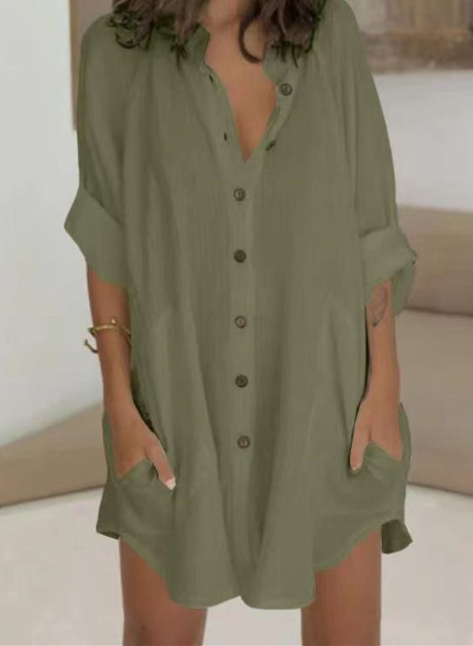 Loquat Casual Loose Single Breasted Shirt Dress Army Green