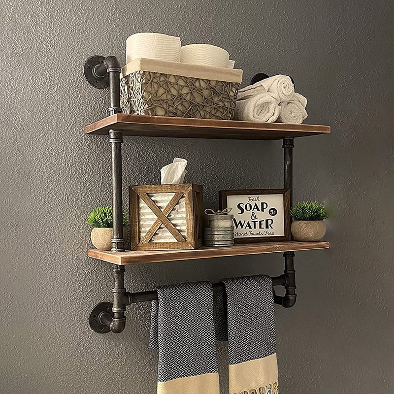 MBQQ Shelving Bathroom Pipe Shelves with Towel Bar Over Toilet, 24 inch Pine Wood Floating Shelves for Wall Mounted Bedroom,Kitchen, Farmhouse, Living Room - Image 2