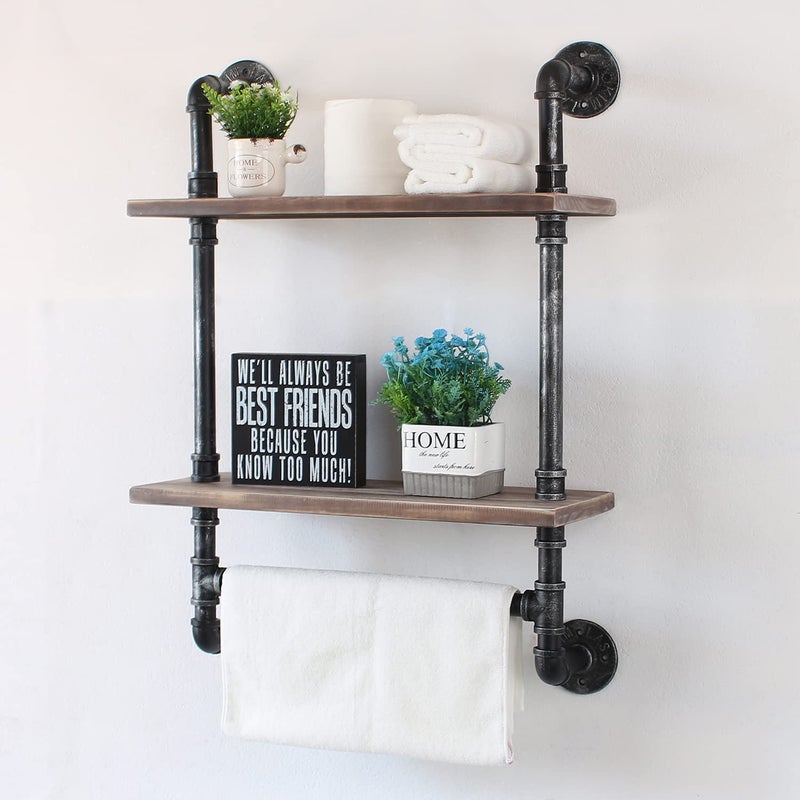 MBQQ Shelving Bathroom Pipe Shelves with Towel Bar Over Toilet, 24 inch Pine Wood Floating Shelves for Wall Mounted Bedroom,Kitchen, Farmhouse, Living Room - Image 3