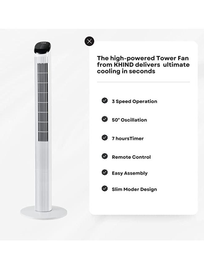 KHIND FD301R Comfort Control Tower Fan with Timer Function, 3 Speed Settings, Touch Screen & Motor Overheat Protection (45inch, White)