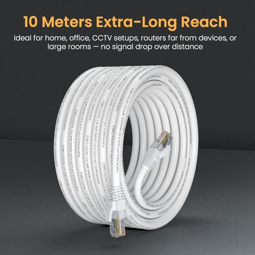 Portronics NetX10 CAT-6 Ethernet Cable 10M, RJ45 to RJ45 LAN Cable, 1000 Mbps Speed, 250 MHz Bandwidth, Copper-Plated Connectors & Copper Clad Wires, Durable PVC Build,for Router,PC,CCTV,Laptop(White) - Image 4