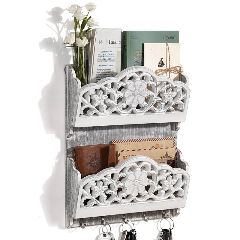 JAZUIHA Key and Mail Holder for Wall, 2-Slot Mail Organizer Wall Mount with 5 Key Hooks, Wooden Key Hangers Wall File Organizer Letter Sorter, Key Rack for Entryway and Home Decor,Extra Wide (Extra Large) - Image 1