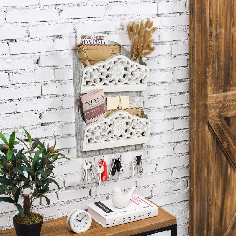 JAZUIHA Key and Mail Holder for Wall, 2-Slot Mail Organizer Wall Mount with 5 Key Hooks, Wooden Key Hangers Wall File Organizer Letter Sorter, Key Rack for Entryway and Home Decor,Extra Wide (Extra Large) - Image 2