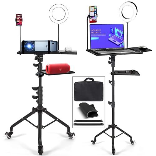 Asltoy Projector Tripod Stand with Wheels Laptop Tripod Stand Projector Tripod Laptop Stand Floor Stand Live Stream stand Treadmill Stand Music Stand with 6" LED Ring Light for Online Meeting Recording - Image 1