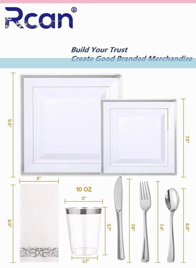Rcan 175 قطعة/مجموعة فضية راقية لحفلات الزفاف وتناول الطعام مجموعة أدوات مائدة بلاستيكية للاستعمال مرة واحدة، لوازم الحفلات طبق مربع وملعقة وشوكة وسكين وكوب ومناديل وأدوات مائدة للحفلات (25 ضيفًا) - Image 3